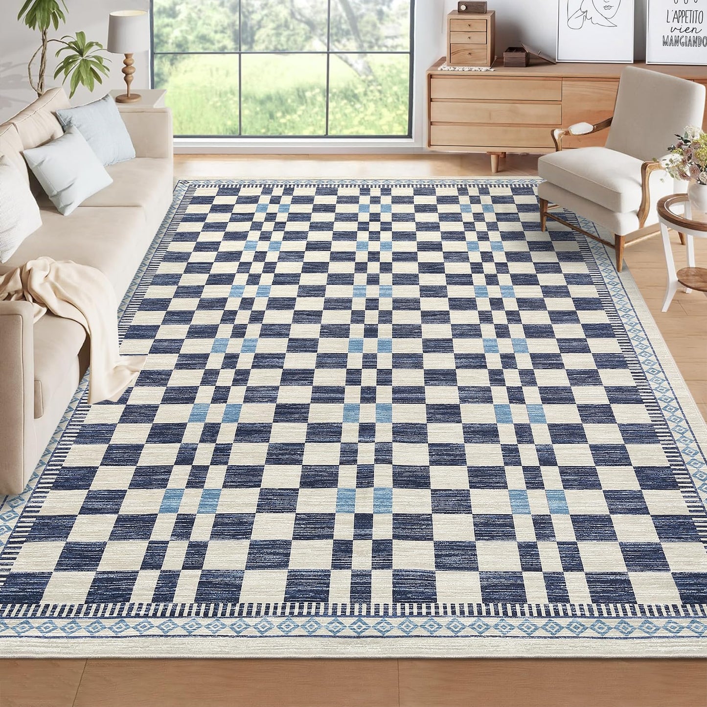 GarveeHome 5x7 Area Rug for Baby Room Non-Slip Low Pile Stain-Resistant Living Room Carpet Modern Abstract Checkered Dining Rugs No-Shedding Machine Washable Area Rug for Dorm Home Office Bedroom Blue