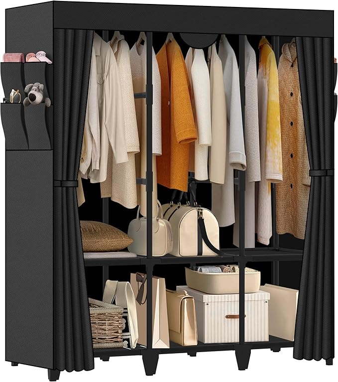 Wardrobe Closet, Quick and Easy Assembly, Black Large Capacity Portable Closet with 3 Hanging Rods 6 Storage Shelves and 8 Side Pockets, Clothes Rack with Cover, for Bedroom and Living Room