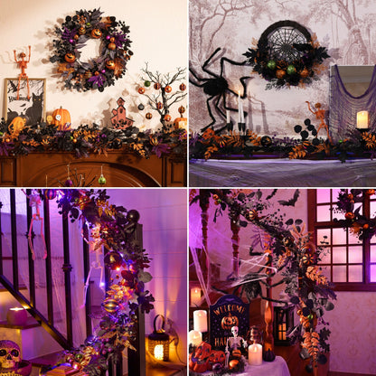 Valery Madelyn Halloween Garland for Mantel with Lights, 6 Feet Pre-Lit Jack-o'-Lantern Pumpkins and Ball Garland Decorations for Table Centerpiece Mantle Indoor Stair Home Decor