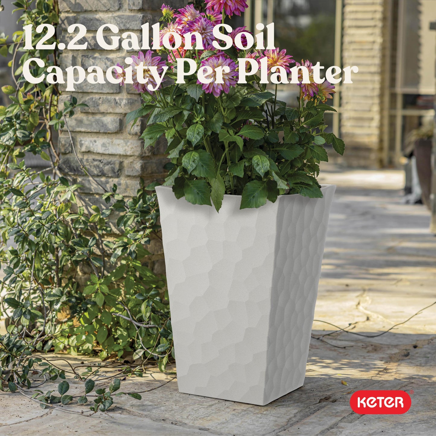 Keter Stone Tapered Planter Set of 2, Tall 26.4‑Inch Resin Outdoor Flower Pots with Stone‑Look Finish and 12.2‑Gallon Capacity, Cream
