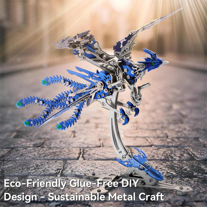 Gold-Plated Metal Phoenix Model Kit - 3D Stainless Steel Mythical Bird Puzzle for Adults - Mechanical Firebird Figurine - Steampunk Kinetic Art Sculpture - Home Decor Gift(Phoenix-Blue)