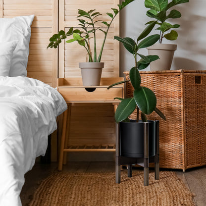 D'vine Dev Planter Pot with Stand - 8 Inch Plastic Cylinder Flower Pot with Wood Planter Holder for Indoor, Matte Black Pot + Walnut Color Stand, 55-C-I-2
