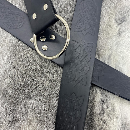 HiiFeuer Medieval Embossed O Ring Belt and Viking Embossed Belt Bag Set for LARP (Black)