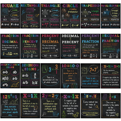 AmazingSpark 24 Pcs Math Posters for Middle School Algebra Classroom Bulletin Board Decor Fractions Mathematics Classroom Banner Decorations for Teachers Manipulatives(Black,Blackboard Style)