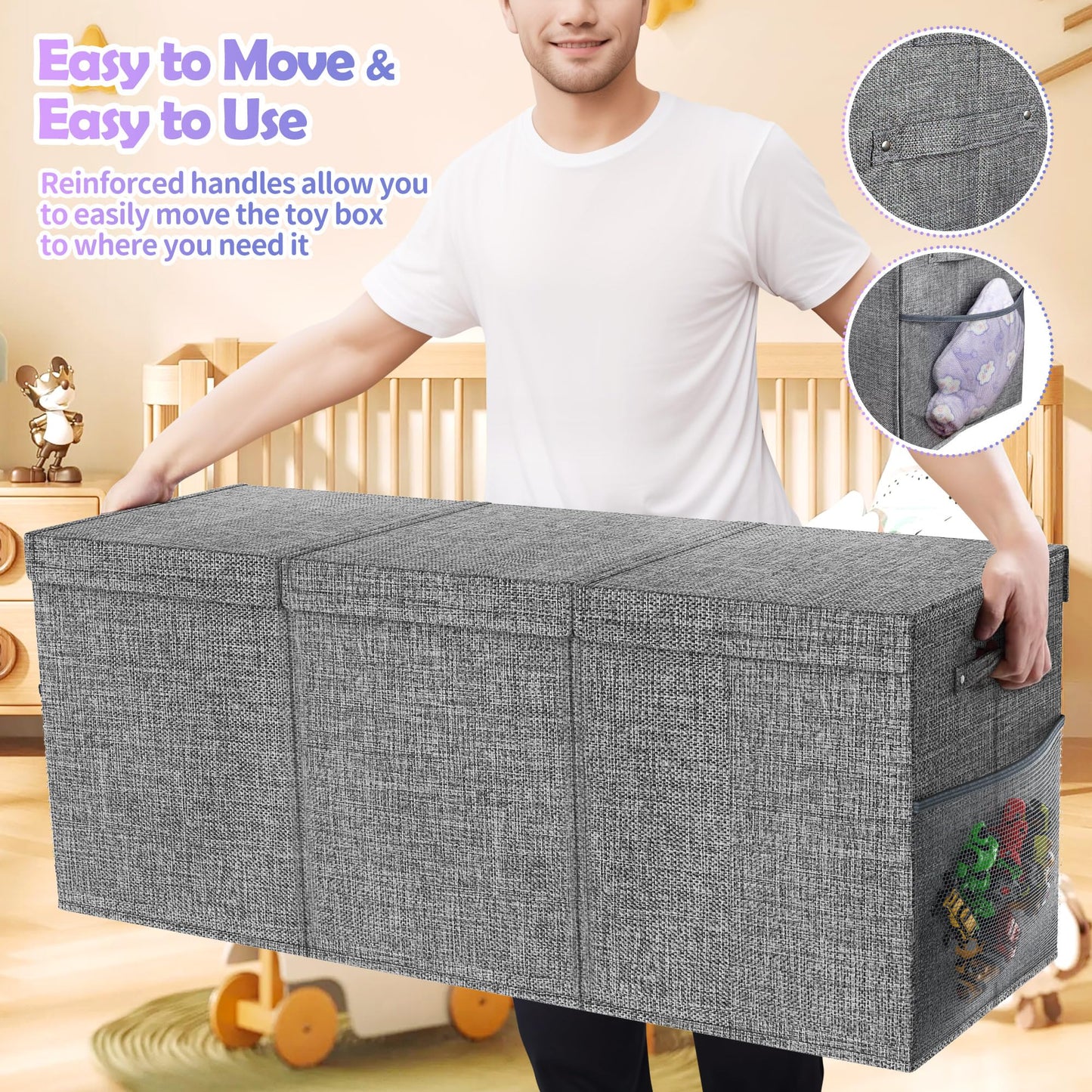 Mabahoo Extra Large Toy Box Chest with Lids, Collapsible Sturdy Kids Toy Storage Organizer Boxes for Boys Girls, 40"x14"x16", Toybox Storage Bins Basket for Living Room, Bedroom, Nursery, Gray