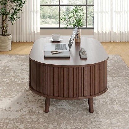 Alohappy 42.5"W Oval Coffee Table, Mid Century Modern Coffee Table with Sliding Tambour Door, Fluted Center Table with Hidden Storage, Curved Profile Dining Table for Living Room, Home Office, Walnut