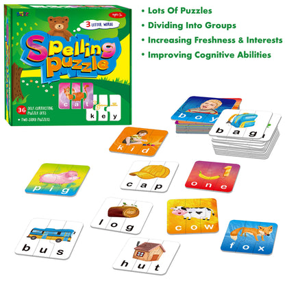 72 Word Spelling Puzzles with Error-Correction Mechanism in 3 Pieces, Perfect for Preschool Learning (36 Block Double Sided)