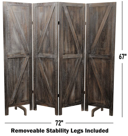 Premium Home 4-Panel Room Divider – Rustic Brown Barn Door, K Pattern Folding Privacy Screen, Partition Wall