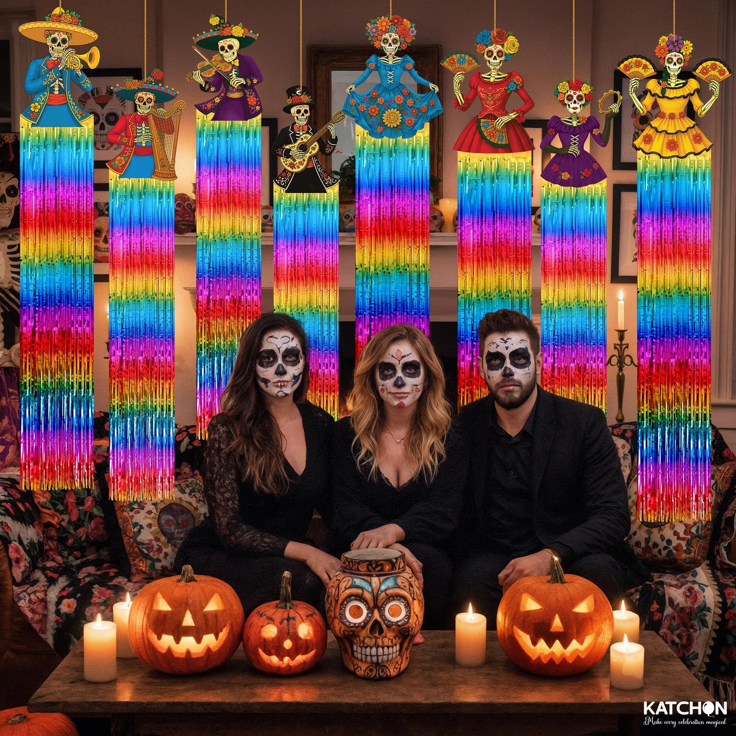 KatchOn, Halloween Fringe Curtain with Skeleton Cutouts – Pack of 8 | Day of Dead Hanging Decorations Indoor | Halloween Decorations Indoor for Fringe Backdrop | Day of The Dead Backdrop