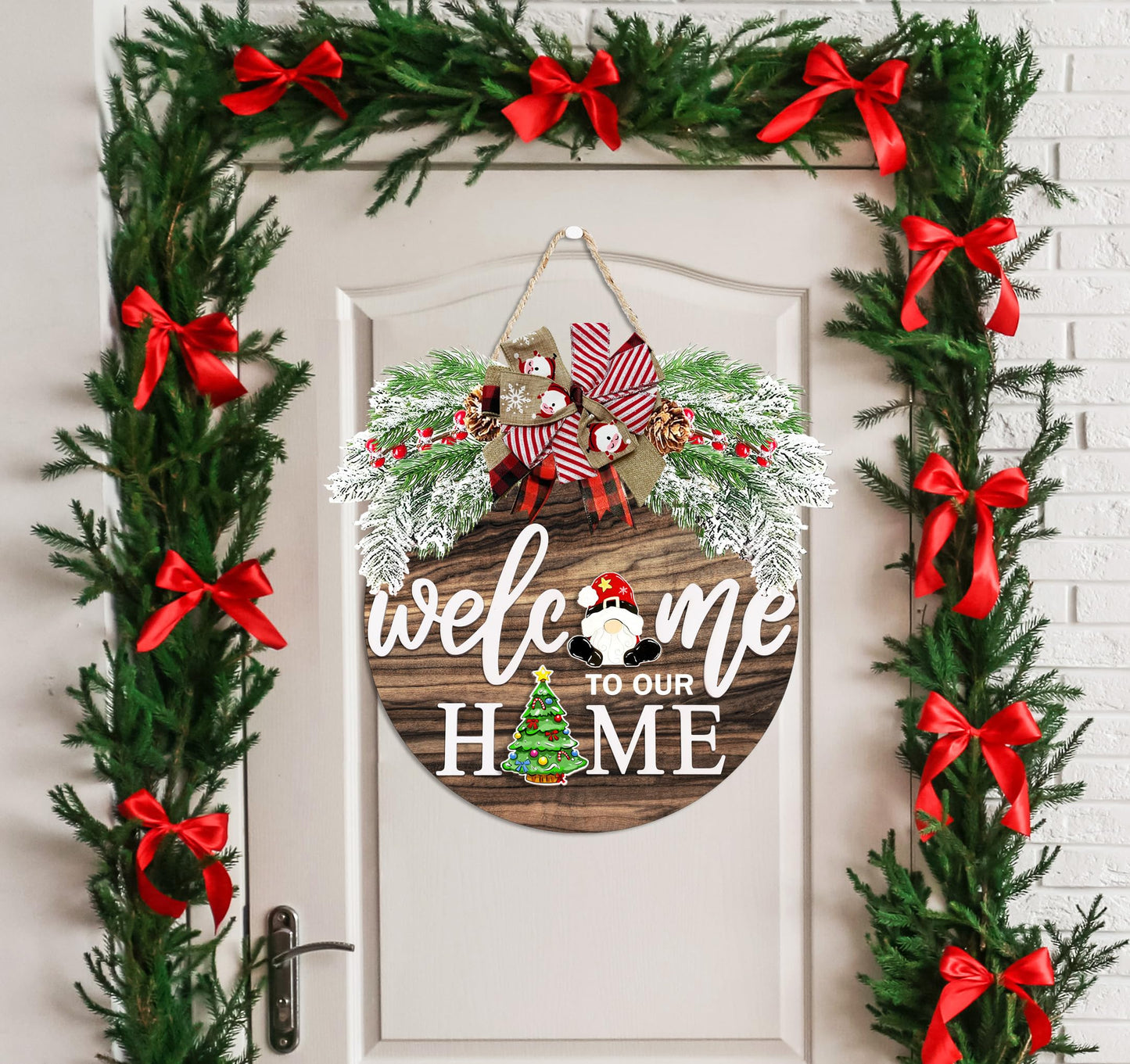 Interchangeable Welcome Sign for Front Door with 4 Seasonal Wreaths 21 Changeable Icons, Farmhouse Rustic Outdoor Welcome Signs Porch, Spring Winter Fall Decorations for Home House Warming Gifts