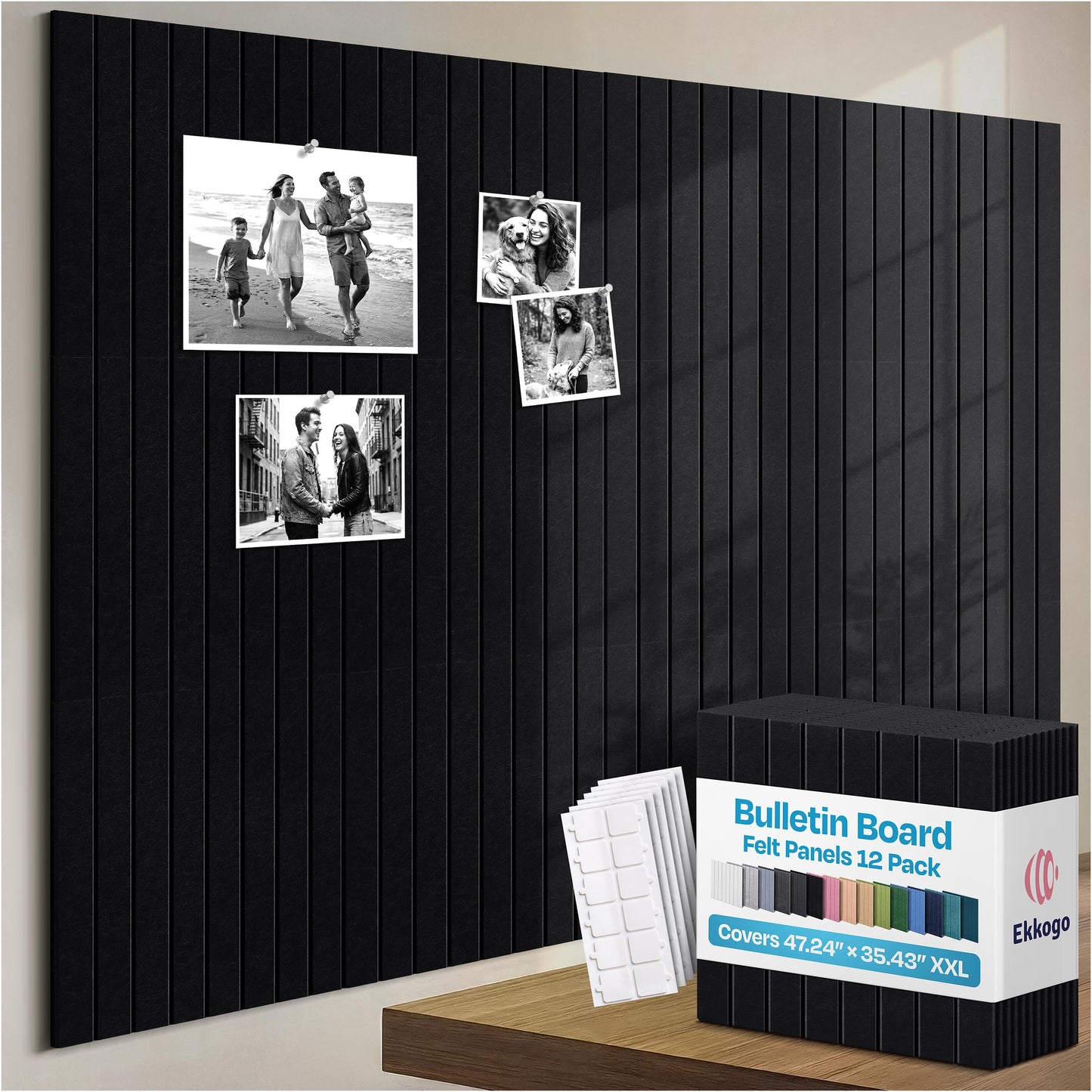 Ekkogo X-Large Cork Board Alternative 12-Pack Felt Bulletin Board Thick and Decorative Pin Board for Home Office Walls 47.24 x 35.43 Inches with 72 Adhesive Tabs - [Deep Black]