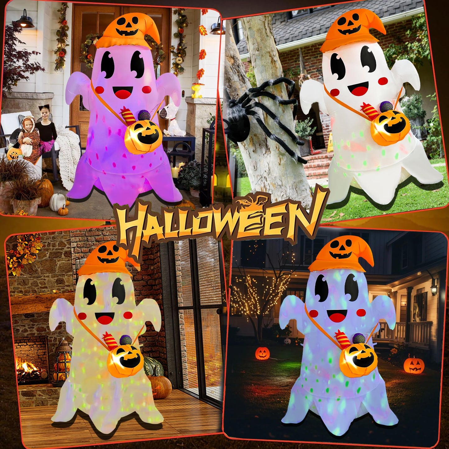 JOYEASE 5FT Halloween Inflatable Cute Ghost with Witch Hat Carrying Pumpkin Candy Can, Blow Up Spooky Ghost Decor Build-in LED Light for Holiday Yard Lawn Garden Decorations