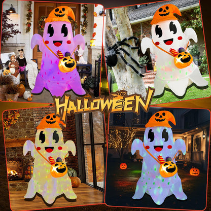 JOYEASE 5FT Halloween Inflatable Cute Ghost with Witch Hat Carrying Pumpkin Candy Can, Blow Up Spooky Ghost Decor Build-in LED Light for Holiday Yard Lawn Garden Decorations