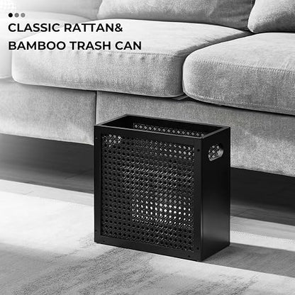TIOPGHAD Small-Wicker-Waste-Basket-Trash-Can 3 Gallon/11.6 L Bamboo Mini Rattan Wastebasket Garbage Can Trashcan Wood Trash bin for Bathroom Office Living Room(Black)