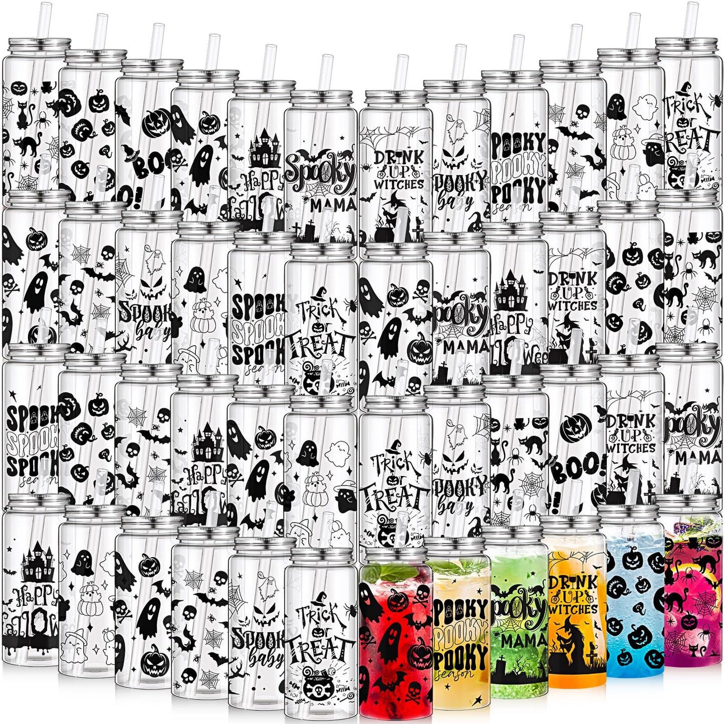Pickmesh 48 Pcs Halloween Cups 13.5 oz Ghost Spooky Plastic Cups with Lids and Straws Bulk for Halloween Party Supplies Pumpkin Skinny Drinking Tumblers Mugs Gifts for Women