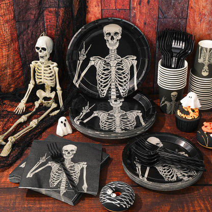 JarThenaAMCS Halloween Tableware Set Smiling Skeleton Disposable Party Supplies Black 9 &7 Inch Paper Plates 6.5 Inch Napkins Cups and Cutlery for 25 Guests