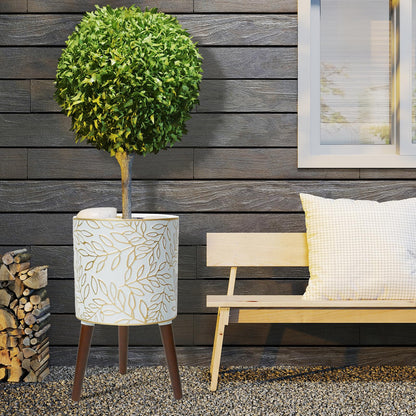 Opnons 12inch Plant Pots with Wood Planter Holder Indoor Flower Pot with Gold Floral Embossed Modern Planters with Drainage Holes for Living Room, Office, Garden or Balcony