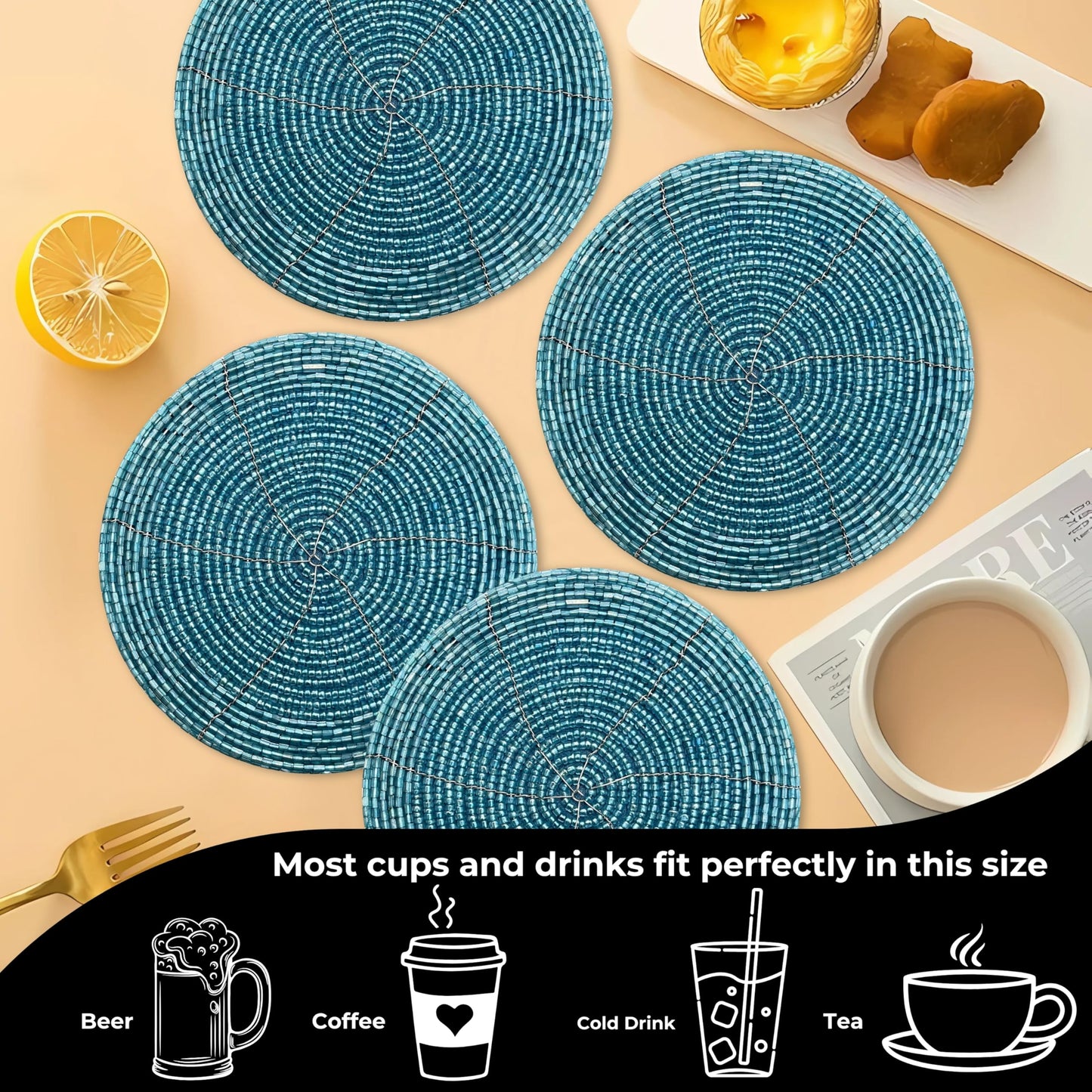 Handmade Beaded Bar Drink Tabletop Protection Coasters - Set of 4 - Halloween Harvest Autumn Fall Thanksgiving Holiday Christmas Xmas Celebration Festive Party 4" Round - Teal