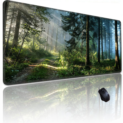 Gudnis Morning Mist Forest Mouse pad, Micro-Woven Fabric Desk pad,Large Green Tree Natural Scenery Desk mat with Sewn Edges, Anti-Slip Rubber Base, Suitable for Office laptops, Size 31.5×11.8 in