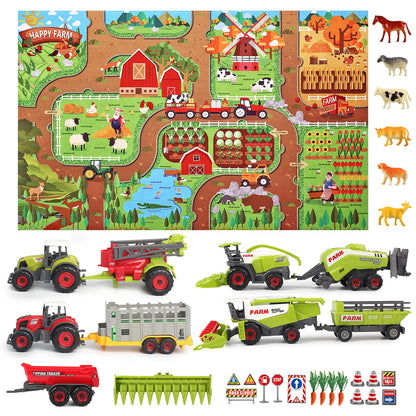Oriate Farm Tractor Set 34 Piece Die Cast Vehicle Value Playset, Large Size 4.8" Tractors Toy Kids Birthday Gift, Farm Play Mat Tractors Animals Trailer Toys, Farm Equipment Accessories