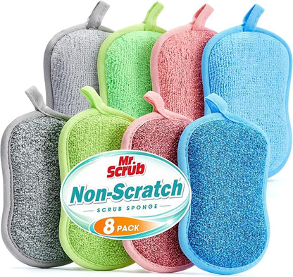 Mr. Scrub Sponges Kitchen Dish Sponge for Washing Dishes Cleaning Kitchen, 8 Pack, Non Scratch, Rough Scrubbers Side for Non-Stick Cookware, Soft Microfiber Scrub Side for Dishes, Multicolor