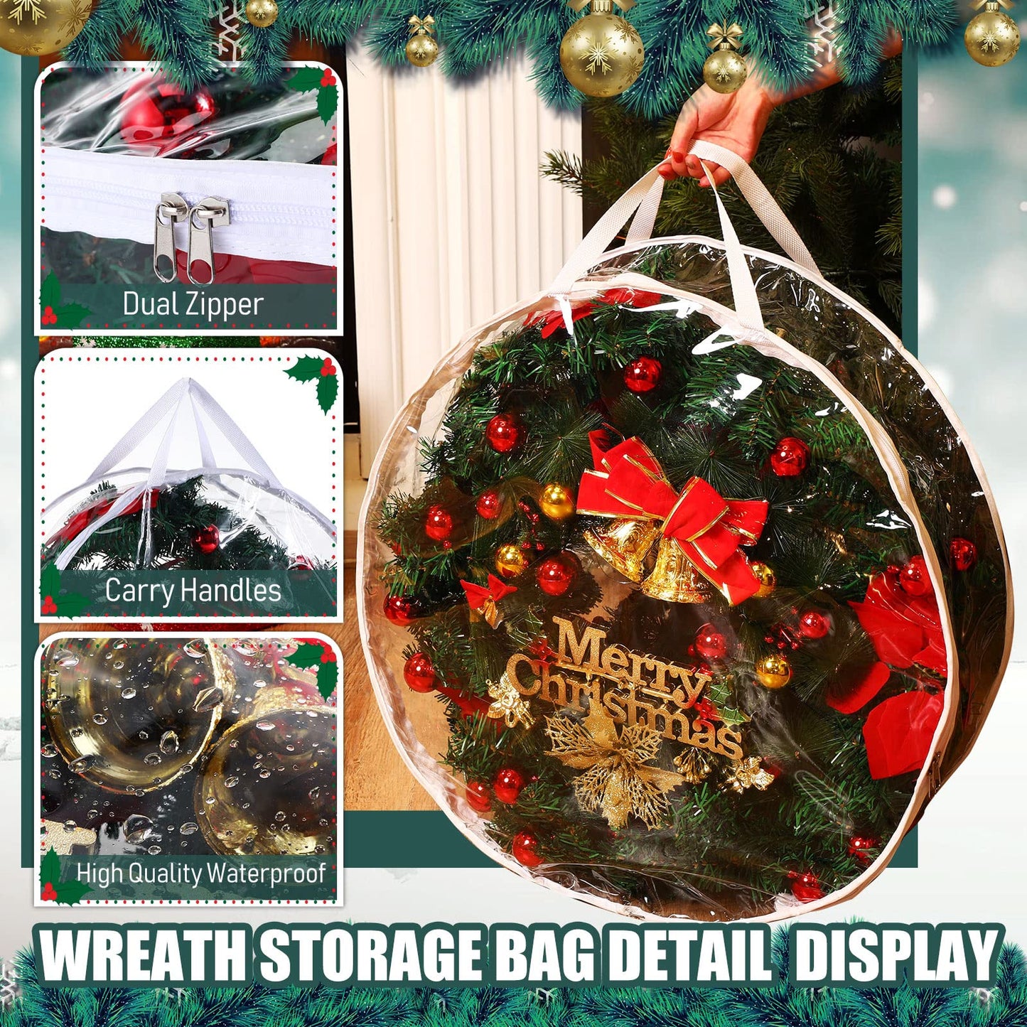 Zhengmy 10 Pcs 30 Inch Christmas Wreath Storage Bags Transparent Wreath Storage Container Bulk Wreaths Box with Dual Zippers and Handles for Xmas Holiday Wreaths Garland
