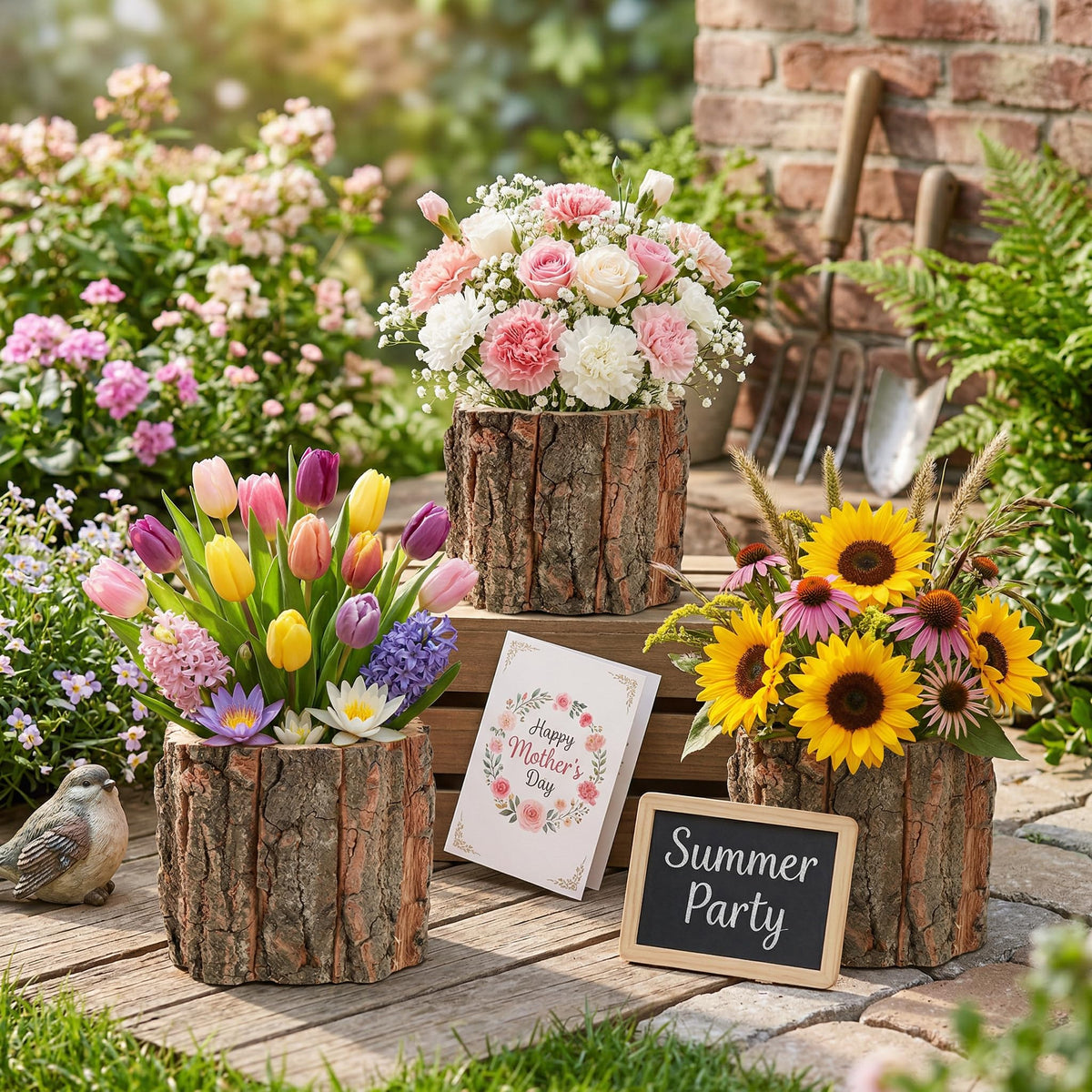 Housoutil Wooden Vase for Centerpieces, 6 Pack Wood Flower Vase Rustic Tree Stump Planter Pots, Wooden Bark Flower Bucket for Wedding, Farmhouse Christmas Table Decor, Round Bark Stump Pots