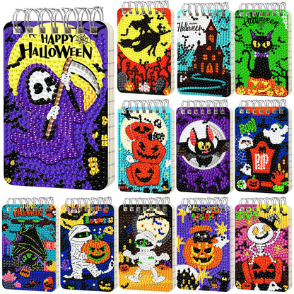 Frienda 12 Pcs Halloween Diamond Painting Notebook Kits for Adults DIY Halloween Diamond Art Journal Notebooks 5d Ghost Gem Dots Cover Notepad Gift Set Journal Art Crafts Accessories with Tools