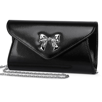 Gurina Evening Clutch Purse for Women with Bow Detail, Elegant PU Leather Shiny Party Bag with Detachable Chain Wedding Prom Handbag (Black L70)