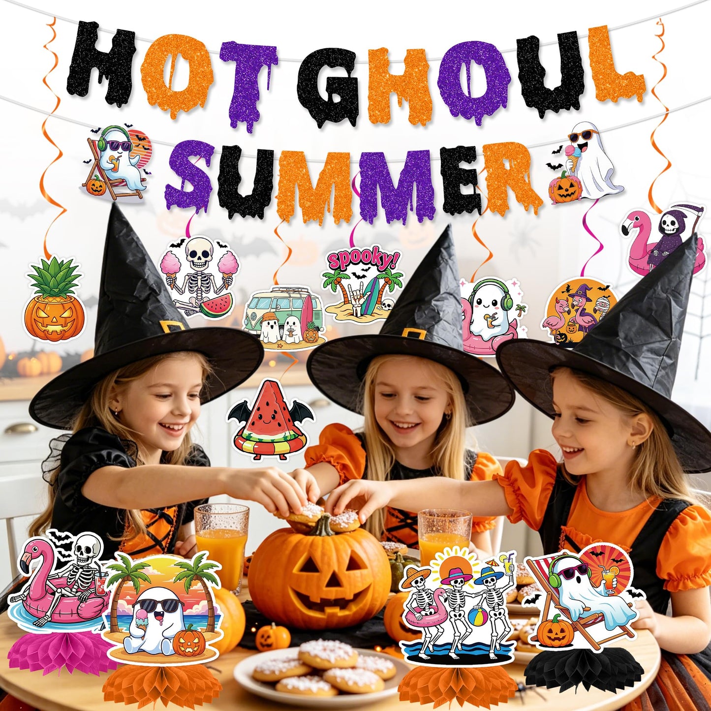 RUBOAOA Summerween Party Decorations, 14 Pcs Hot Ghoul Summer Decor with Banner Hanging Swirl Honeycomb Centerpieces, Tropical Spooky Ghost Skeleton Halloween Decor for Summer Beach Pool Luau Birthday