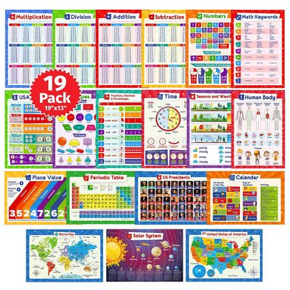 19 Educational Posters for Kids & 131 PCS Magnetic Base Ten Blocks