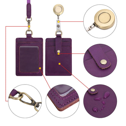 Wonderpool ID Badge Holder Genuine Leather Card Slots Case with Detachable Neck Lanyard and Retractable Badge Reel for Office School Hospital Exhibition ID & Driver Licence (Purple)