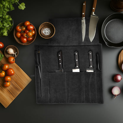 LEATHER VILLAGE Genuine Leather Knife Roll Bag – Professional Chef Carrying Case, Durable Sheath Holder, Cooks & Culinary Tools Organizer, Portable Travel Storage with 4 Slots & Zipper - Black