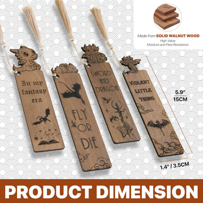 Dragon Bookmarks – Set of 4 Wooden Fantasy Bookmarks with Tassels, Made from Walnut Wood, Inspired by Mythical Dragons and Epic Adventures, Perfect for Book Lovers (Cute Dragon)