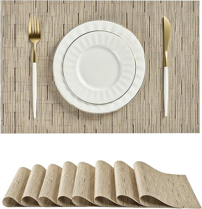 Leetaltree Light Brown Placemats Set of 8 - Heat Resistant Non-Slip Place mats for Dining Table, Washable Durable PVC Vinyl Woven Table Mats（Light Brown, 8）