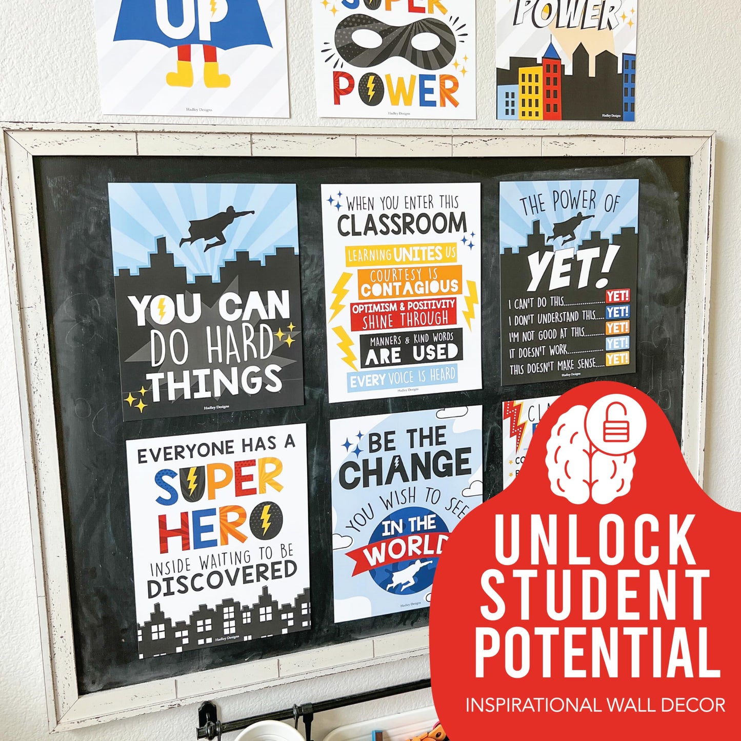 Hadley Designs Motivational Poster for Classroom Decor - 9 Growth Mindset Classroom Posters Elementary, Inspirational Wall Decor Middle School, Teacher Must Haves, Superhero Bulletin Board Decorations