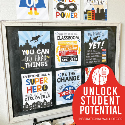 Hadley Designs Motivational Poster for Classroom Decor - 9 Growth Mindset Classroom Posters Elementary, Inspirational Wall Decor Middle School, Teacher Must Haves, Superhero Bulletin Board Decorations