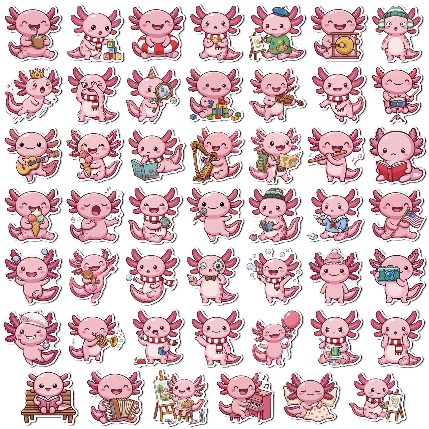 MALLMALL6 Axolotl Fridge Magnets, 48Pcs Cute Salamander Refrigerator Magnetic Sticker Summer Pink Decor Accessories with Ice Cream Guitar for Home Kitchen Office Locker Mailbox, Adorable Kawaii Gift