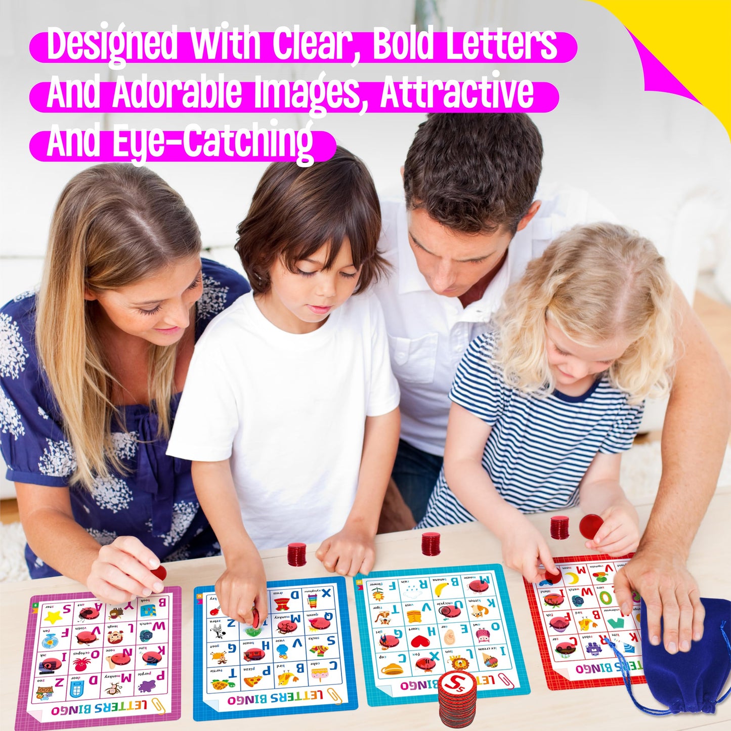 Alphabet & Phonics Bingo Game, 12 Bingo Boards ABC Letters, CVC Blends Words Phonetic Game, Letters Phonetic Awareness Early Educational Learning Toys - Ages 4 and up, Perfect for Classroom & At Home