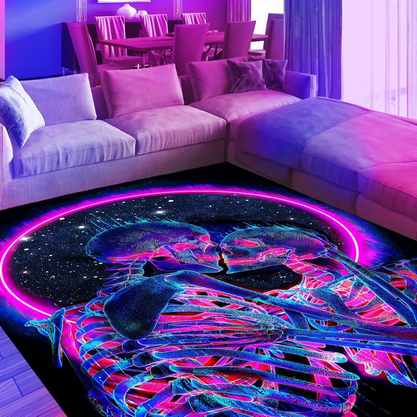 EISKBC Blacklight Kiss Skull Area Rug, Neon UV Reactive Couple Skeleton Throw Rug, Romantic Fluorescent Luminous Floor Mat Carpet, Glow in The Dark Decor for Bedroom Lover Gift 70x47inch