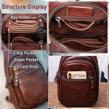 CENUNCO Genuine Leather Sling Bag for Men and Women Crossbody Shoulder Bag Sling Backpack Chest Purse Carry on Casual Daypack(Dark Brown)