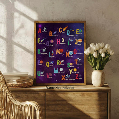 ZUKIY Alphabet Space Learning Poster - Space Alphabet Poster for Kids - Outer Room Decor - Abc Solar System Print for Toddler Boys or Girls Bedroom Nursery Classroom Homeschool Wall Art 8x10 Unframed