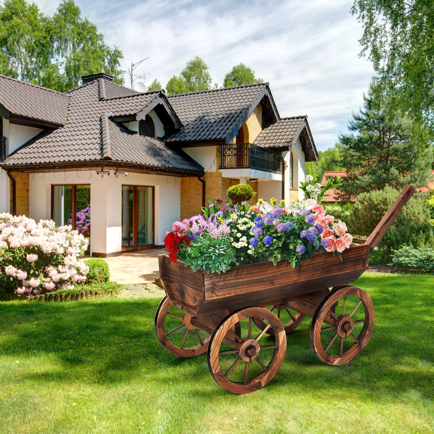 OIPRTGFJ Wood Wagon Planter for Outdoor Balcony Decor - Garden Rustic Wooden Flower Cart with Wheels for Outside Garden Decor Wheelbarrow Planter for Patio