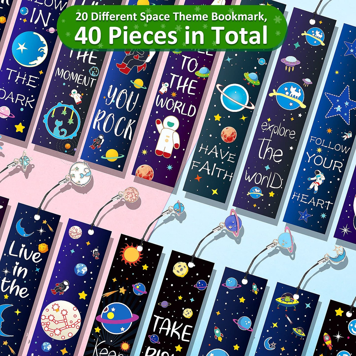 Zonon 40 Pcs Bulk Space Bookmarks for Kids Outer Space Party Favors Astronaut Planet Rocket Galaxy Theme Birthday Party Favors Inspirational Bookmarks with Charms for Boys Girls Student Reward Gift