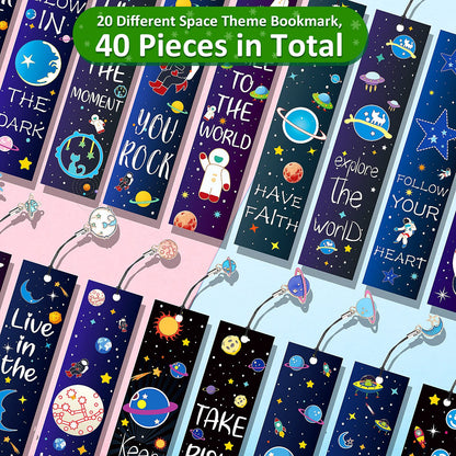 Zonon 40 Pcs Bulk Space Bookmarks for Kids Outer Space Party Favors Astronaut Planet Rocket Galaxy Theme Birthday Party Favors Inspirational Bookmarks with Charms for Boys Girls Student Reward Gift