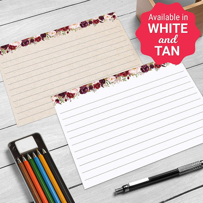 321Done Floral Ruled Index Cards - Made in USA - Large 4x6 (Set of 50), College-Ruled Lined Notecards Double-Sided, Thick Heavy Duty Cardstock, Cute Pretty Flowers Red Roses on White Note Cards Lines
