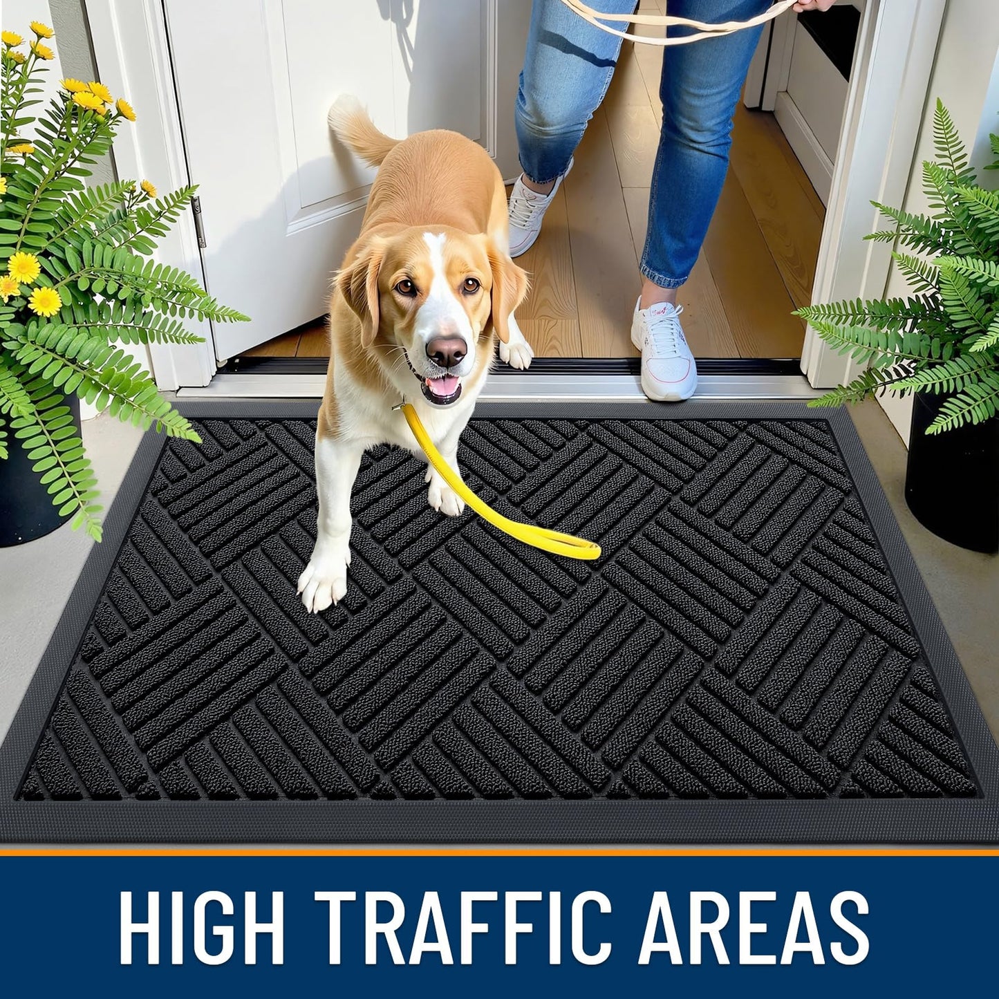 OLANLY Front Door Mat Outside Entrance 29.5x17, Absorbent, Heavy Duty Sturdy Natural Rubber Doormat Indoor Outdoor, Stain and Fade Resistant, Non-Slip Low Profile Floor Mat for Entryway, Black Diamond