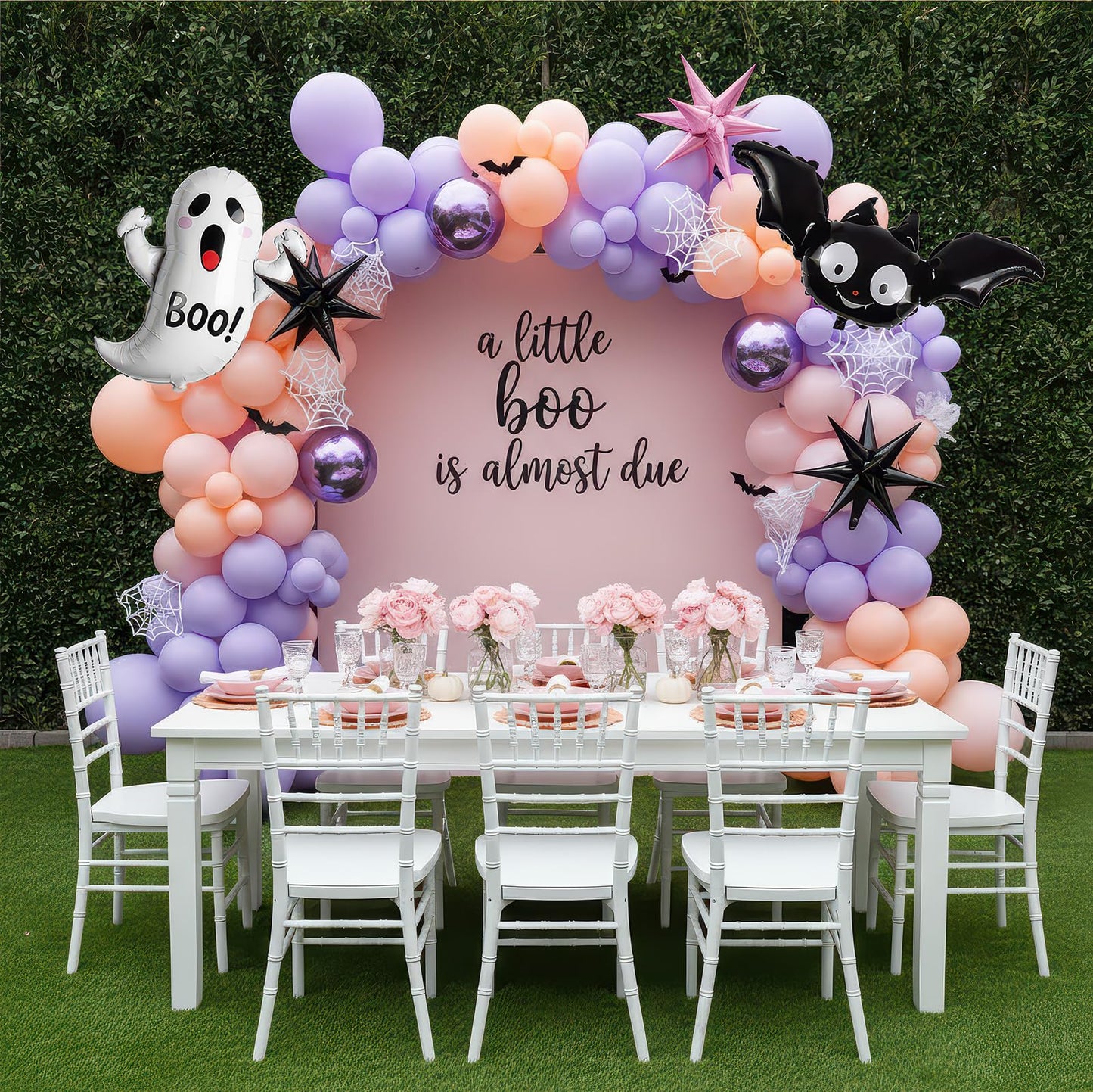 Pastel Halloween Birthday Balloon Garland arch Kit 130 Pcs Purple Pink Orange Balloons + Bat Ghost Mylar Balloons for Spooky Halloween Arch Booday Summerween birthday Party Decorations