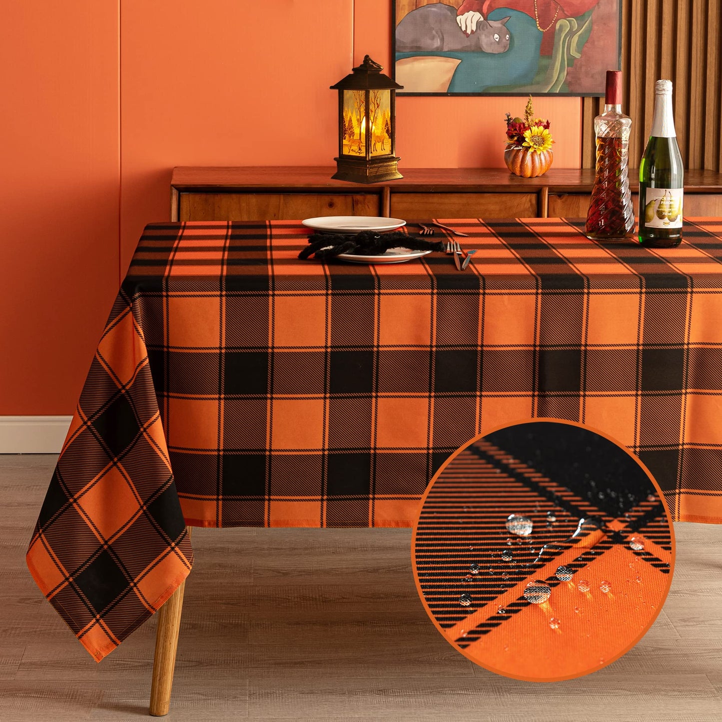 MikiUp Checkered Rectangle Halloween Tablecloth - Waterproof, Wrinkle Resistant and Washable Gingham Table Cloth Decorative Table Cover for Party, Orange/Black 60 x 84 Inch