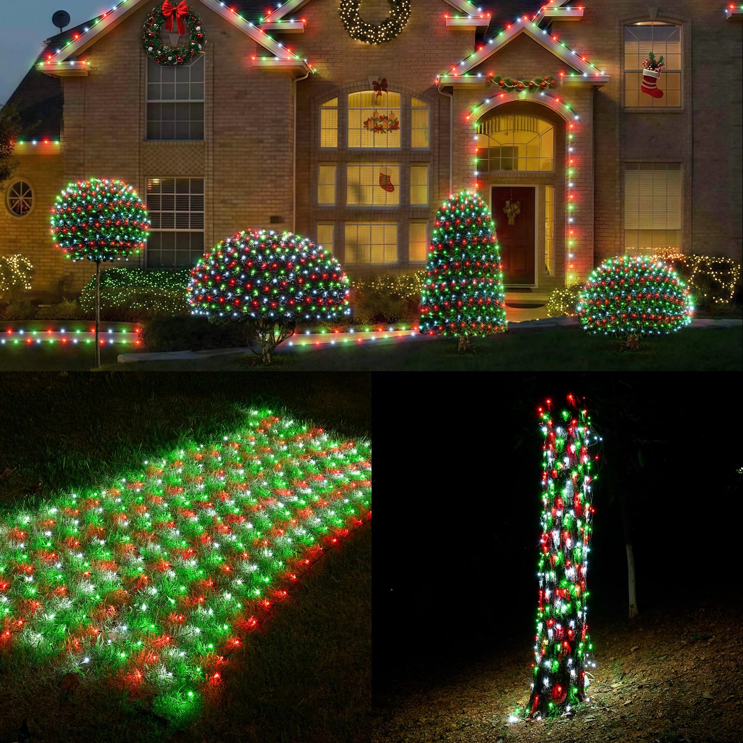 WBao Christmas Net Lights, 360LED 11.5ft x 6.9ft Christmas Lights with 8 Modes, Timer, End to End Connectable, Waterproof Design for Lawn, Bushes, Trees Outdoor Xmas Decorations, Red Green White